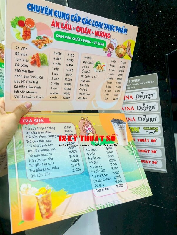 In menu cầm tay quán ăn vặt trà sữa, menu Format khổ A4 nhỏ gọn, cán màng mờ chống thấm, bồi format cứng cáp - INKTS3102