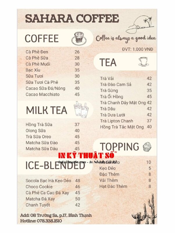 In menu bìa cứng cầm tay khổ A4 cho quán cafe view bờ kè, bờ sông, PP cán formex dán gói 2 mặt - INKTS3150