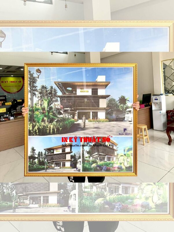 In ảnh công trình khổ lớn từ giấy ảnh cho công ty bất động sản, xây dựng, khung viền hoa văn, lồng khung kính - INKTS3266