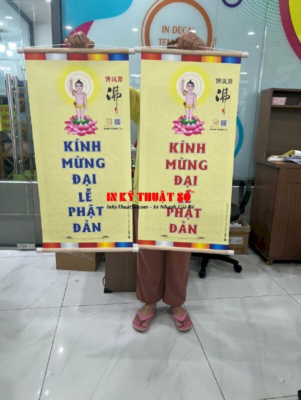 In Canvas tranh Phật Đản Sanh, nẹp tranh bằng gỗ quấn dây thừng 2 đầu - INKTS879