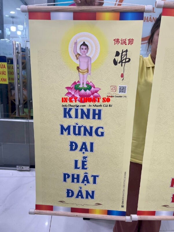 In Canvas tranh Phật Đản Sanh, nẹp tranh bằng gỗ quấn dây thừng 2 đầu - INKTS879
