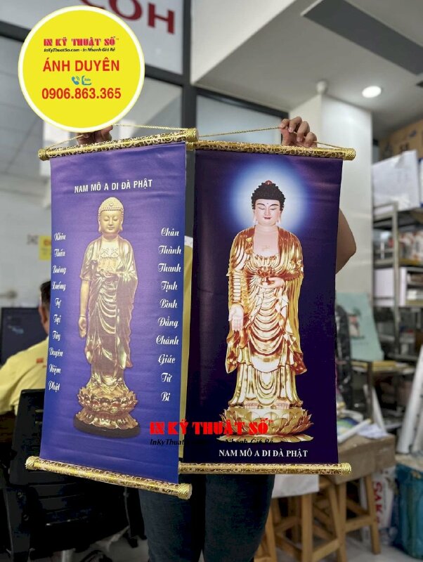In tranh Phật A Di Đà đứng, in Canvas dầu bóng nẹp gỗ hoa văn 2 đầu treo tường - INKTS1190