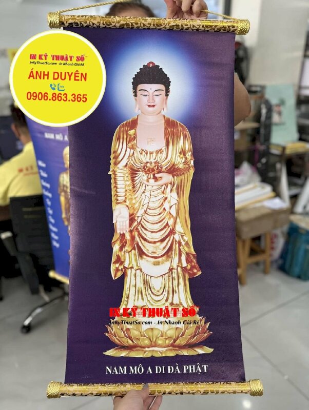 In tranh Phật A Di Đà đứng, in Canvas dầu bóng nẹp gỗ hoa văn 2 đầu treo tường - INKTS1190