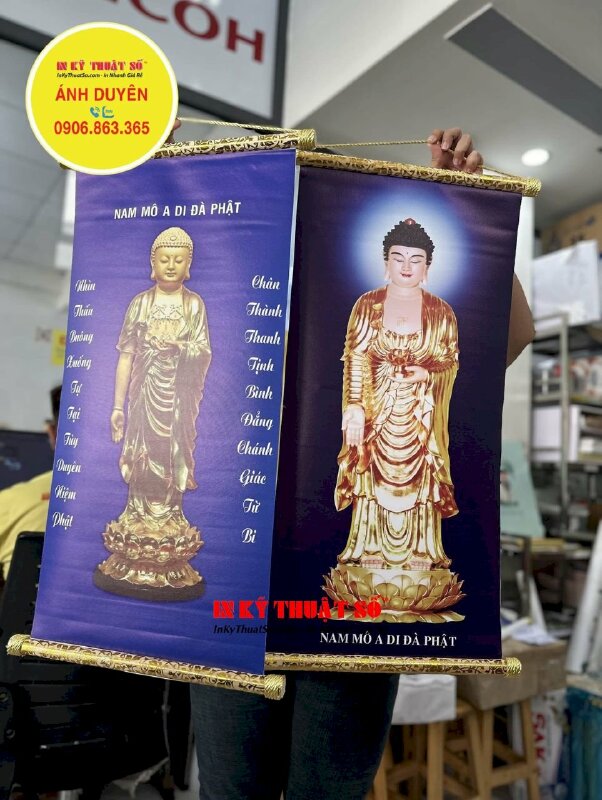 In tranh Phật A Di Đà đứng, in Canvas dầu bóng nẹp gỗ hoa văn 2 đầu treo tường - INKTS1190