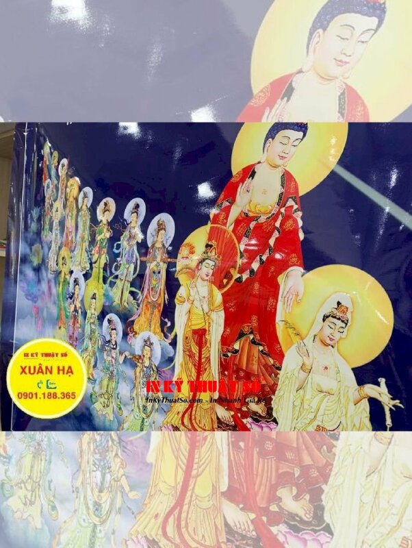 In tranh Tây Phương Cực Lạc Thánh Chúng A Di Đà Phật, tranh in PP dầu bóng nẹp gỗ 2 đầu - INKTS1307