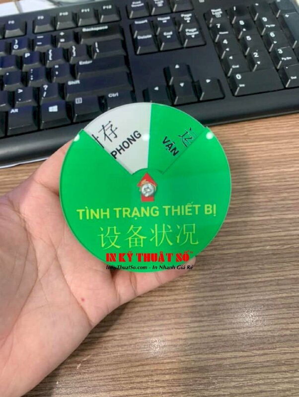 In chữ lên Mica tròn làm bảng xoay Tình trạng thiết bị dạng nút xoay 4 trạng thái vận hành, niêm phong, chờ liệu, xem xét, in song ngữ Việt Trung - INKTS940