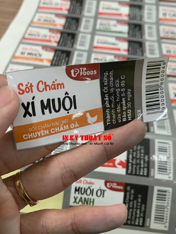 In tem decal giấy dán chai sốt chấm công ty thực phẩm, cán bóng, bế demi - INKTS300