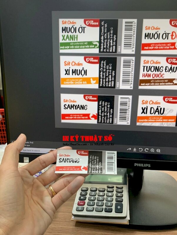 In tem decal giấy dán chai sốt chấm công ty thực phẩm, cán bóng, bế demi - INKTS300