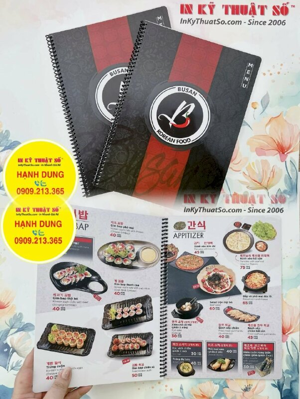 In menu nhựa nhà hàng Hàn Quốc, đóng gáy lò xo đen dễ dàng lật mở từng trang, chống thấm nước - INKTS905