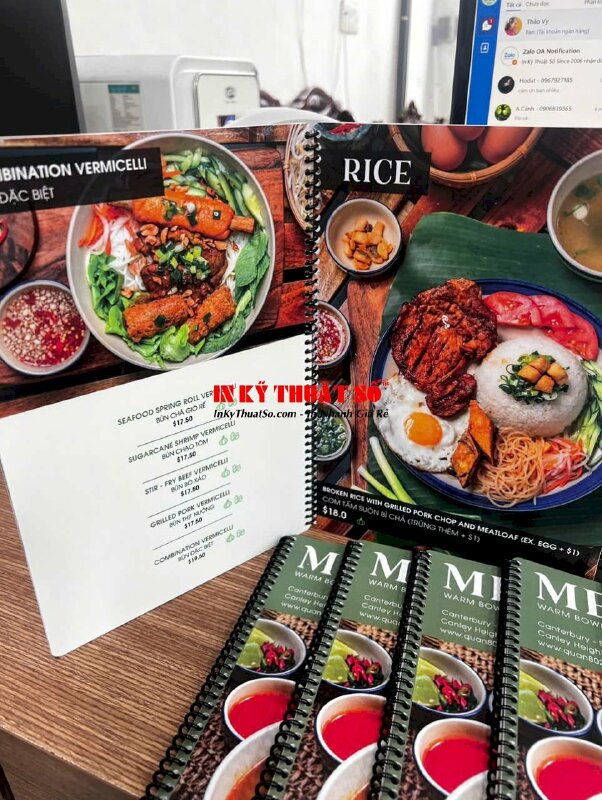 In menu quán hủ tiếu sa tế Mỹ Tho, quyển menu nhựa A4 gáy lò xo, hàng gửi đi Úc từ TPHCM - INKTS3310