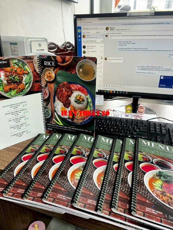 In menu quán hủ tiếu sa tế Mỹ Tho, quyển menu nhựa A4 gáy lò xo, hàng gửi đi Úc từ TPHCM - INKTS3310