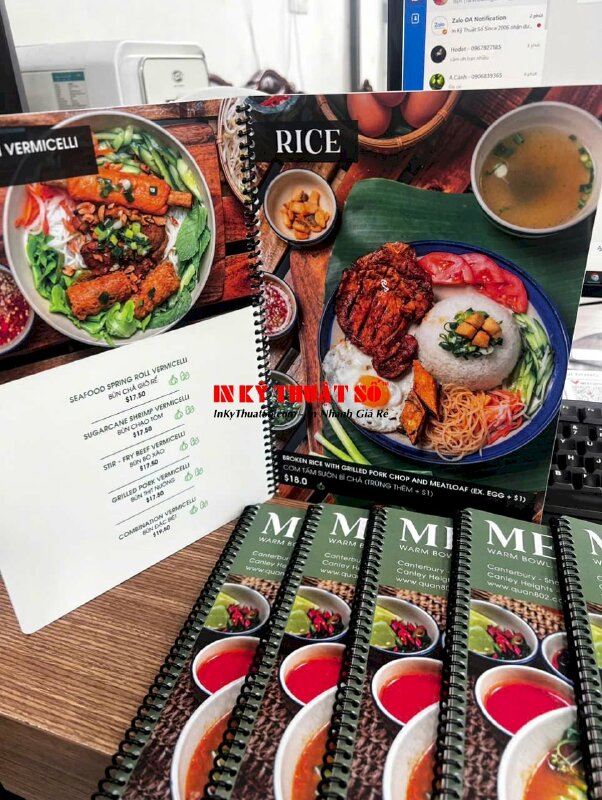 In menu quán hủ tiếu sa tế Mỹ Tho, quyển menu nhựa A4 gáy lò xo, hàng gửi đi Úc từ TPHCM - INKTS3310