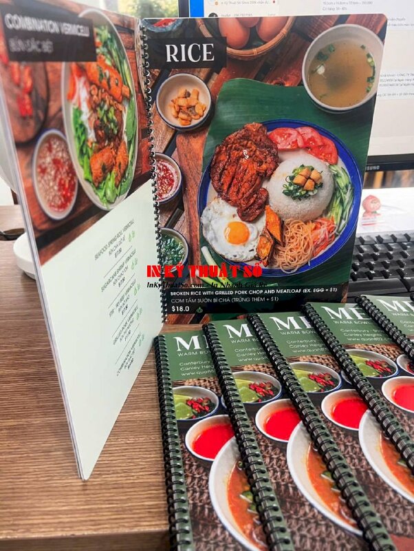 In menu quán hủ tiếu sa tế Mỹ Tho, quyển menu nhựa A4 gáy lò xo, hàng gửi đi Úc từ TPHCM - INKTS3310