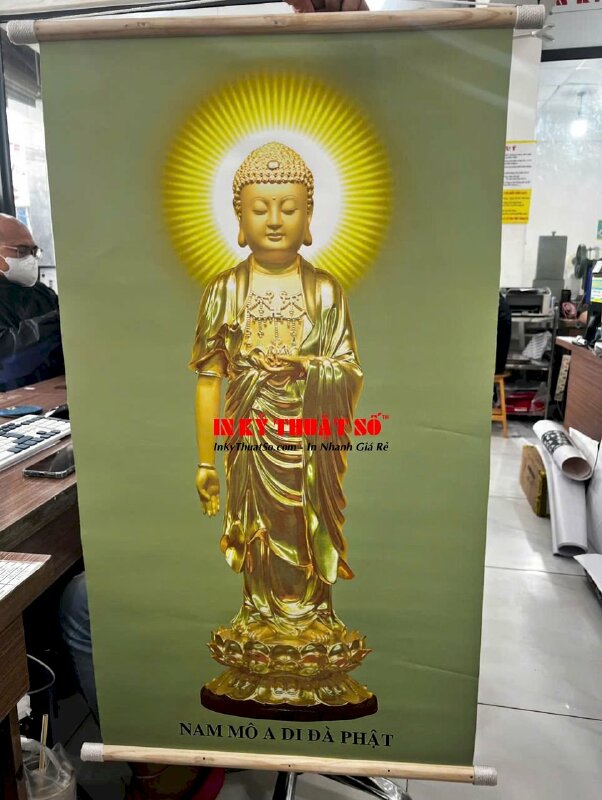 In tranh tượng Phật Canvas Nam Mô A Di Đà Phật (vàng) nẹp gỗ 2 đầu - INKTS3296