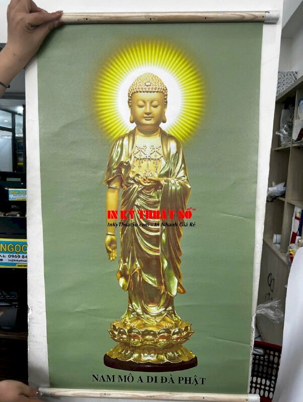 In tranh tượng Phật Canvas Nam Mô A Di Đà Phật (vàng) nẹp gỗ 2 đầu - INKTS3296