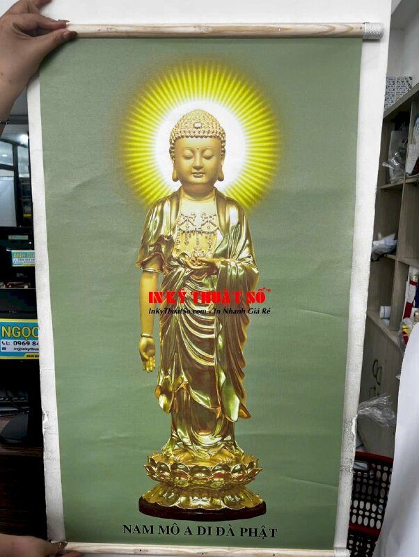 In tranh tượng Phật Canvas Nam Mô A Di Đà Phật (vàng) nẹp gỗ 2 đầu - INKTS3296