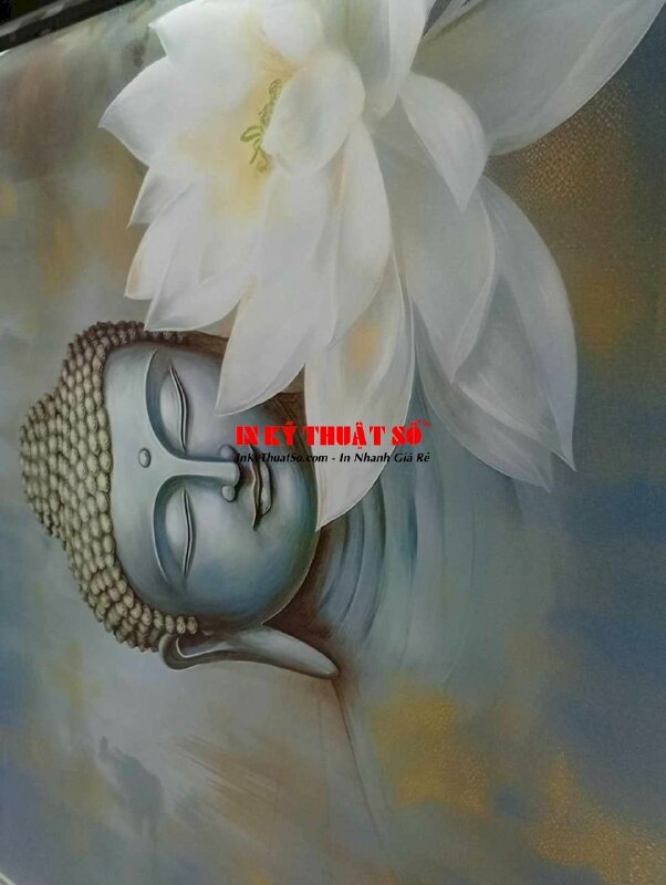 In tranh vải Canvas Diện Phật & hoa sen trắng in khổ lớn mực dầu bóng - INKTS3281