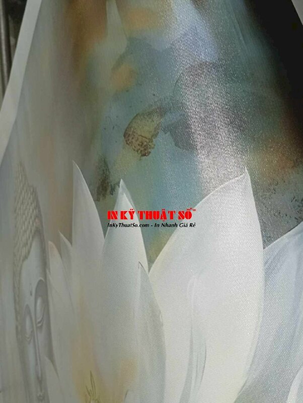 In tranh vải Canvas Diện Phật & hoa sen trắng in khổ lớn mực dầu bóng - INKTS3281