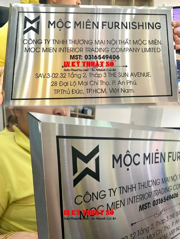 Làm bảng tên công ty nội thất inox xước bạc, vạt lá hẹ 4 cạnh - INKTS1175
