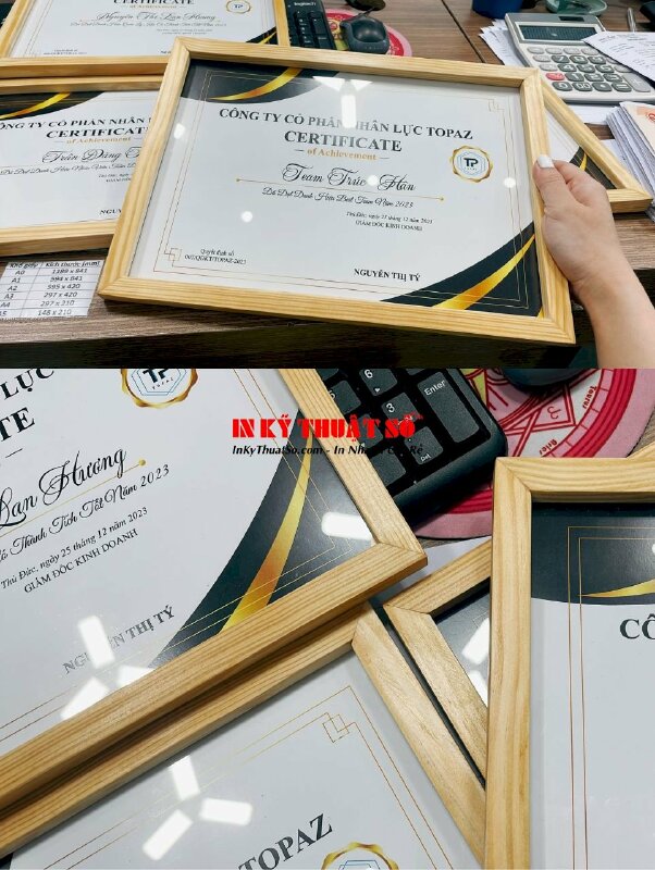 In bằng khen công ty vinh danh Team đã đạt thành tích tốt của năm, lồng sẵn khung gỗ mặt kính - INKTS1132
