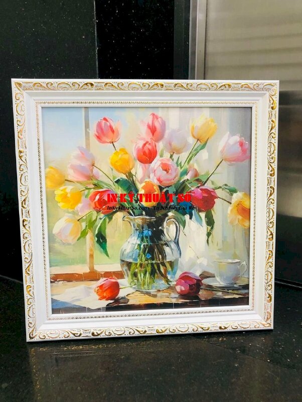 In Canvas tranh bình hoa tĩnh vật, đóng khung hoa văn cổ điển - INKTS3341
