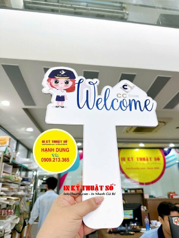 In hashtag cầm tay Welcome cho phòng khám thẩm mỹ Clinic, in PP cán formex cắt CNC theo file - INKTS3363