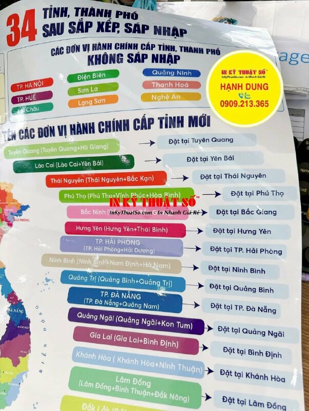 In Poster bản đồ 34 Tỉnh, Thành phố Việt Nam sau sát nhập, in giấy ảnh khổ lớn mực dầu, cán màng bóng - INKTS3352