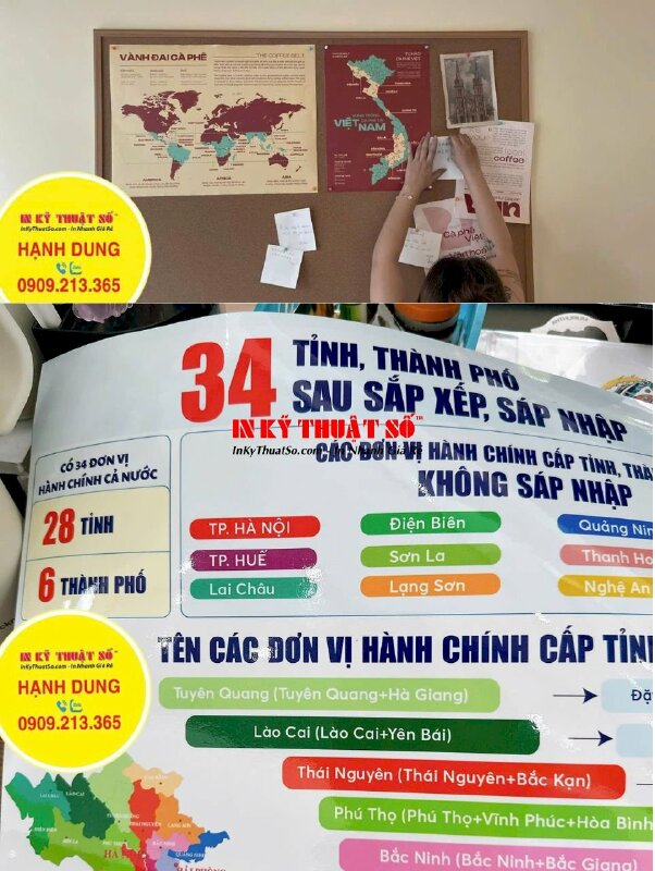 In Poster bản đồ 34 Tỉnh, Thành phố Việt Nam sau sát nhập, in giấy ảnh khổ lớn mực dầu, cán màng bóng - INKTS3352