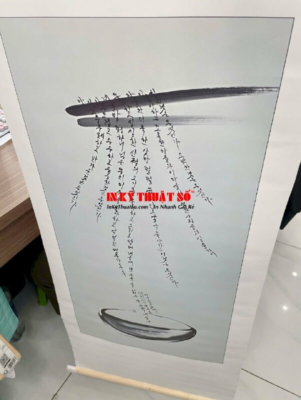 In bộ liễn thờ tranh Phật thư pháp trên vải Canvas mực dầu bóng, nẹp gỗ treo tường nơi thờ tự - INKTS3374