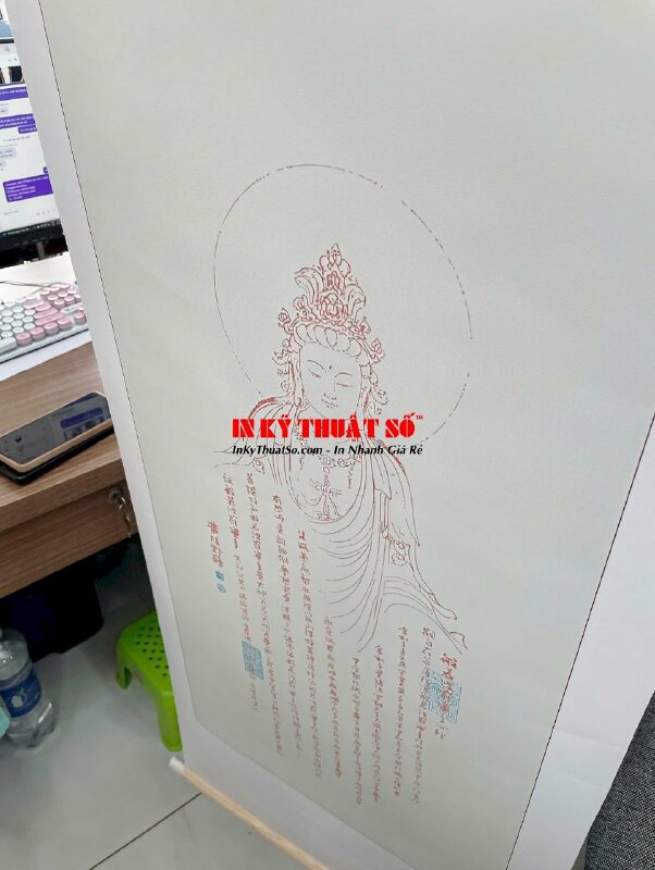 In bộ liễn thờ tranh Phật thư pháp trên vải Canvas mực dầu bóng, nẹp gỗ treo tường nơi thờ tự - INKTS3374