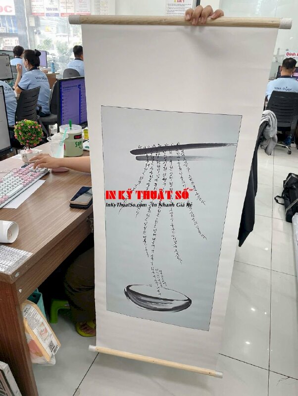 In bộ liễn thờ tranh Phật thư pháp trên vải Canvas mực dầu bóng, nẹp gỗ treo tường nơi thờ tự - INKTS3374