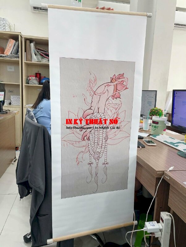 In bộ liễn thờ tranh Phật thư pháp trên vải Canvas mực dầu bóng, nẹp gỗ treo tường nơi thờ tự - INKTS3374