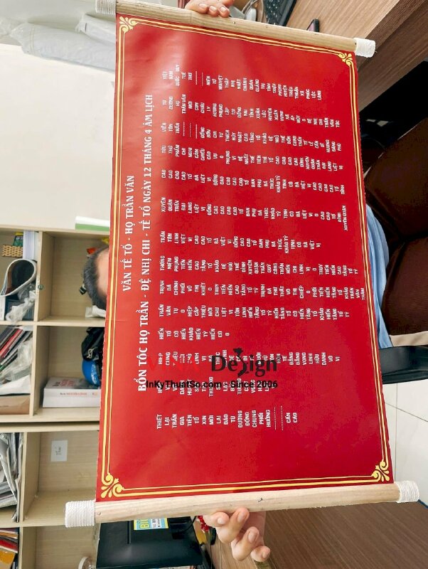 In liễn văn tế gia phả tổ tiên, in silk mực dầu bóng, nẹp gỗ 2 đầu treo ngang - INKTS3413