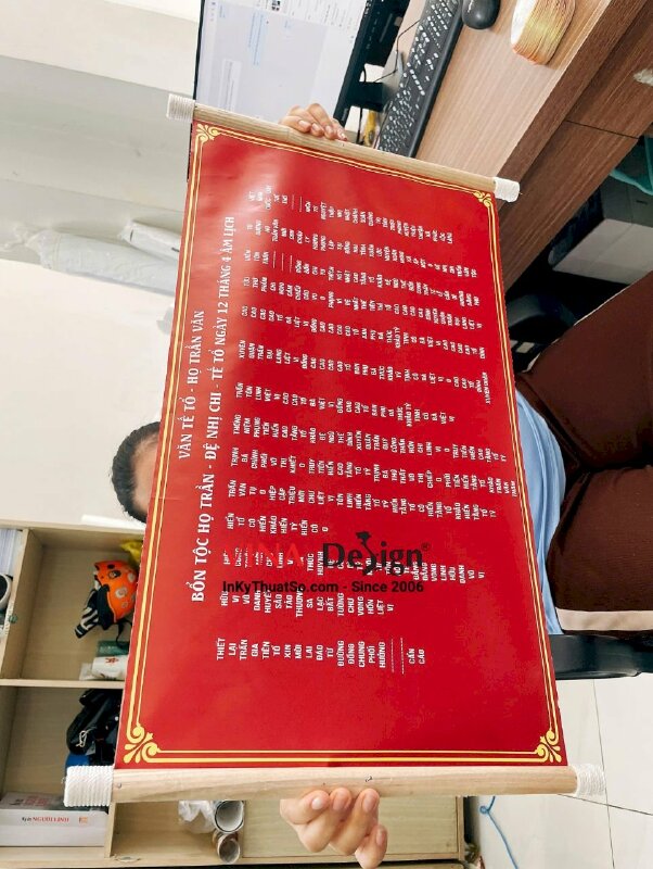 In liễn văn tế gia phả tổ tiên, in silk mực dầu bóng, nẹp gỗ 2 đầu treo ngang - INKTS3413