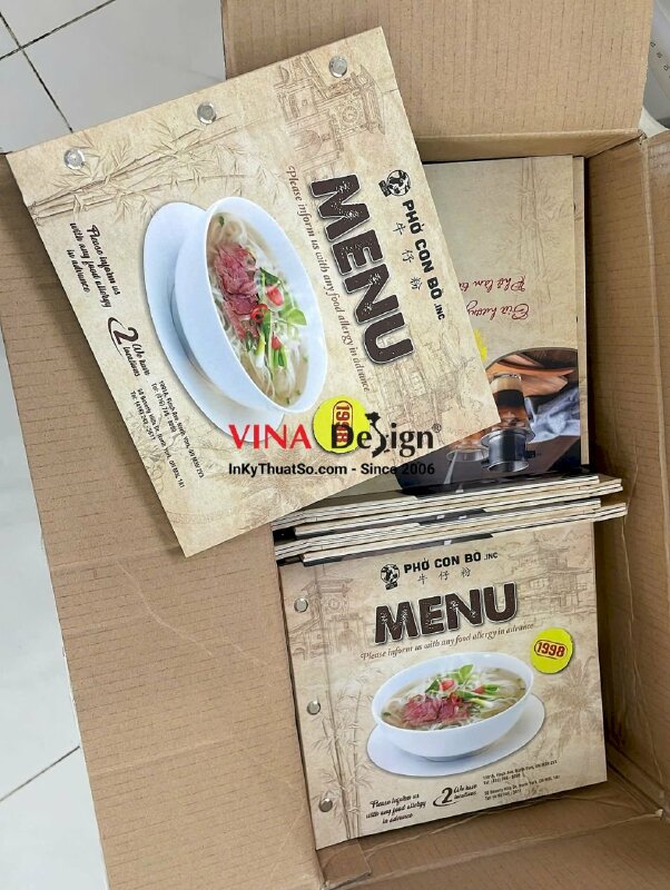 In menu quán phở bò bìa bồi carton, ruột giấy C300, gáy ghim inox cán mờ, hàng gửi đi Mỹ - INKTS3401