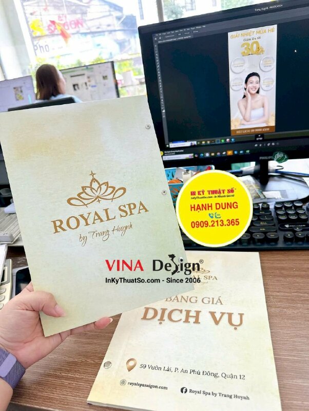 In quyển menu bảng giá dịch vụ spa, menu bìa bồi carton cứng, gáy bắt ốc inox sang trọng - INKTS3426