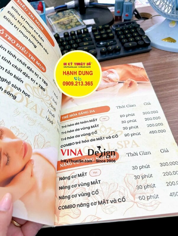 In quyển menu bảng giá dịch vụ spa, menu bìa bồi carton cứng, gáy bắt ốc inox sang trọng - INKTS3426