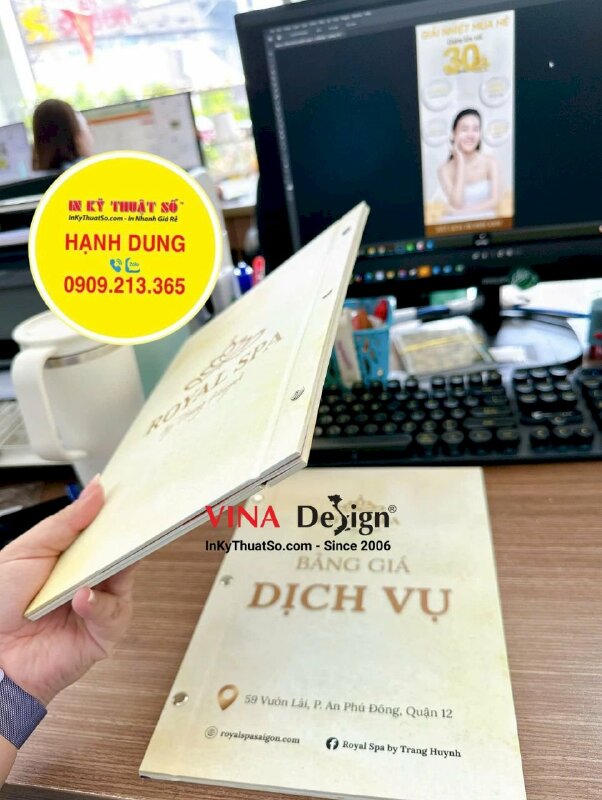 In quyển menu bảng giá dịch vụ spa, menu bìa bồi carton cứng, gáy bắt ốc inox sang trọng - INKTS3426