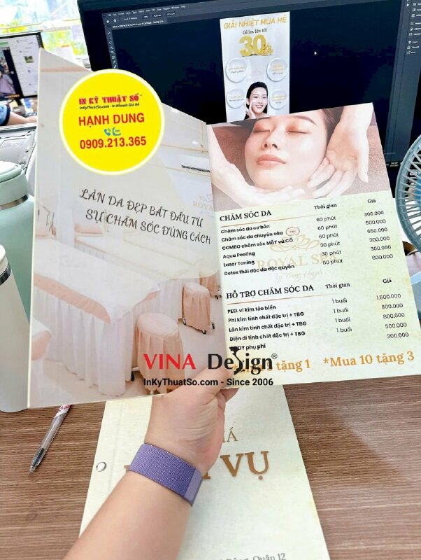 In quyển menu bảng giá dịch vụ spa, menu bìa bồi carton cứng, gáy bắt ốc inox sang trọng - INKTS3426