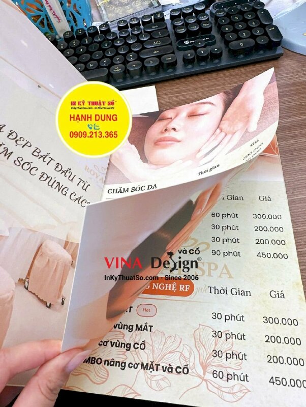 In quyển menu bảng giá dịch vụ spa, menu bìa bồi carton cứng, gáy bắt ốc inox sang trọng - INKTS3426