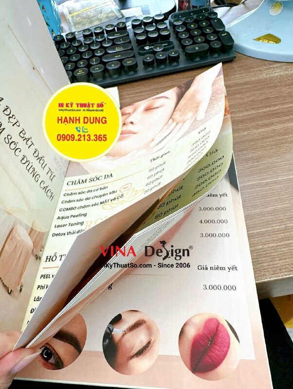 In quyển menu bảng giá dịch vụ spa, menu bìa bồi carton cứng, gáy bắt ốc inox sang trọng - INKTS3426
