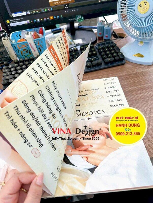 In quyển menu bảng giá dịch vụ spa, menu bìa bồi carton cứng, gáy bắt ốc inox sang trọng - INKTS3426