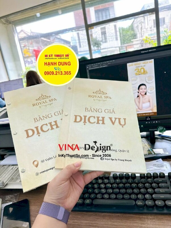 In quyển menu bảng giá dịch vụ spa, menu bìa bồi carton cứng, gáy bắt ốc inox sang trọng - INKTS3426
