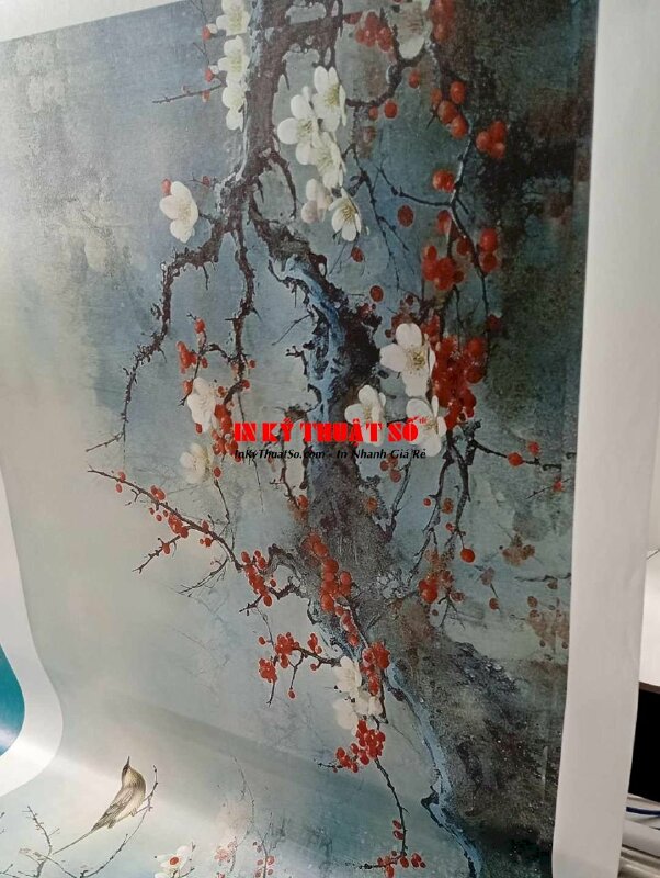 In tranh Canvas thủy mặc hoa đào đỏ trắng nở, mộc long đào hoa - INKTS3377