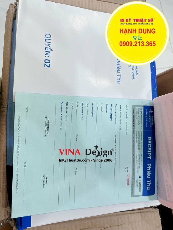 In hóa đơn 3 liên khổ A4, quyển phiếu thu Receipt song ngữ Anh Việt cho trường quốc tế tư thục - INKTS937
