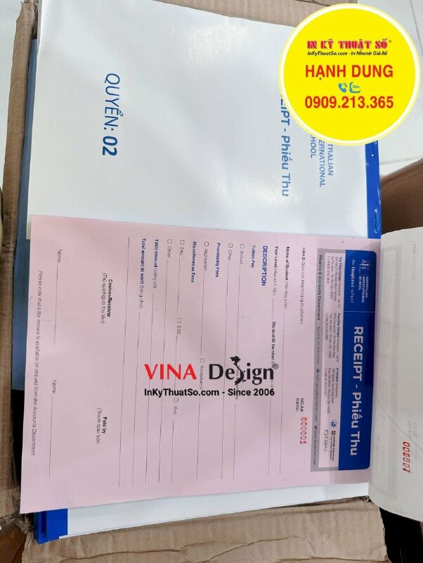 In hóa đơn 3 liên khổ A4, quyển phiếu thu Receipt song ngữ Anh Việt cho trường quốc tế tư thục - INKTS937