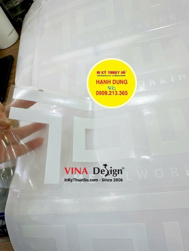 In Logo decal trong in UV mực trắng, có bế viền xung quanh, logo công ty sản xuất hóa chất - INKTS3483