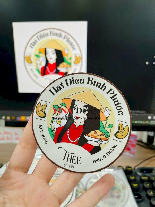 In nhãn hạt điều Bình Phước dán hộp bao bì, tem Decal sữa in mực dầu, cán mờ, bế tròn - INKTS3490