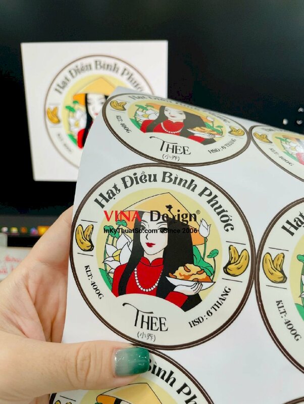 In nhãn hạt điều Bình Phước dán hộp bao bì, tem Decal sữa in mực dầu, cán mờ, bế tròn - INKTS3490