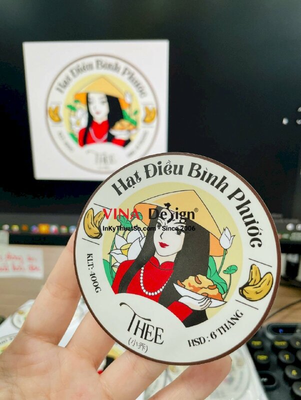 In nhãn hạt điều Bình Phước dán hộp bao bì, tem Decal sữa in mực dầu, cán mờ, bế tròn - INKTS3490
